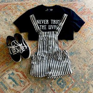 “Beetlejuice” Divided by H&M Black and White Stripped Overall Shorts